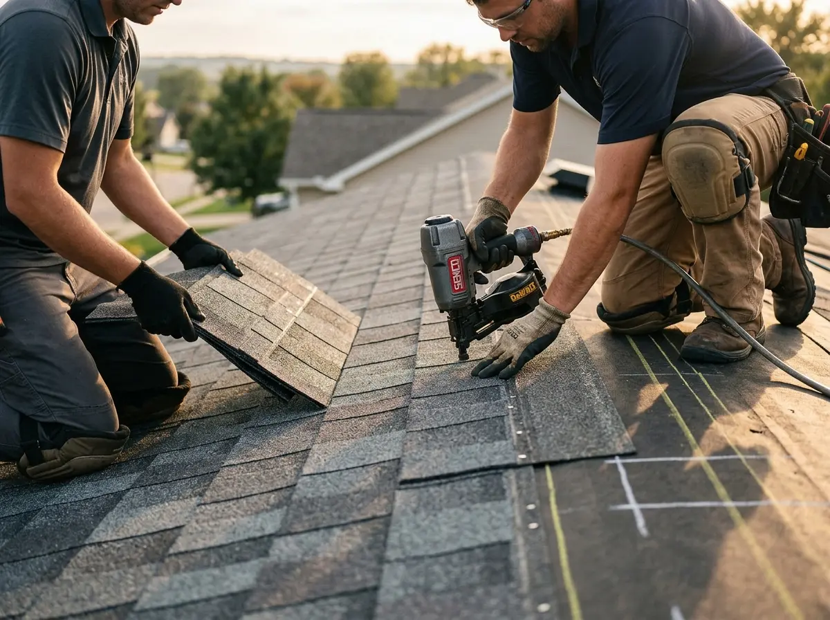 Professional roofer working on a residential roof in Sauk Village